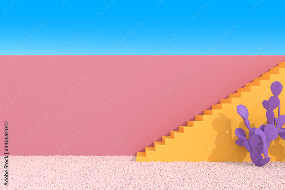 Poster minimal style of cactus and staircase on blue sky background. wall with shade and shadow on gravel. 