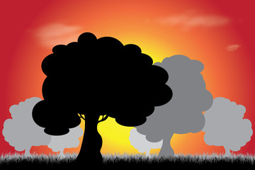 Vector silhouette of tree in meadow at sunset. Symbol of nature.