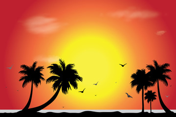 Fototapeta na wymiar Vector silhouette of beach with palm tree at sunset. Symbol of nature.