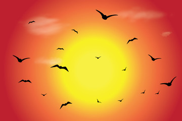 Vector silhouette of flying birds at sunset. Symbol of nature.