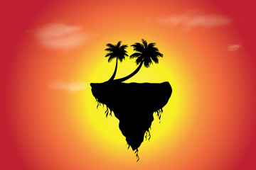 Vector silhouette of piece of land with palm trees at sunset. Symbol of nature.