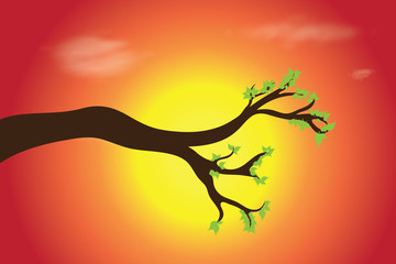 Vector silhouette of branch at sunset. Symbol of nature.