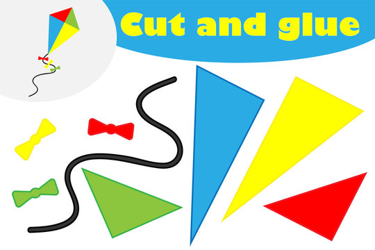 Kite in cartoon style, education game for the development of preschool children, use scissors and glue to create the applique, cut parts of the image and glue on the paper, vector illustration