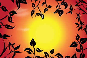 Vector silhouette of branch with leaves at sunset. Symbol of nature.