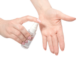 Woman applying hand sanitizer, washing hands with alcohol gel or antibacterial soap sanitizer after using a public restroom.Hygiene concept, isolated