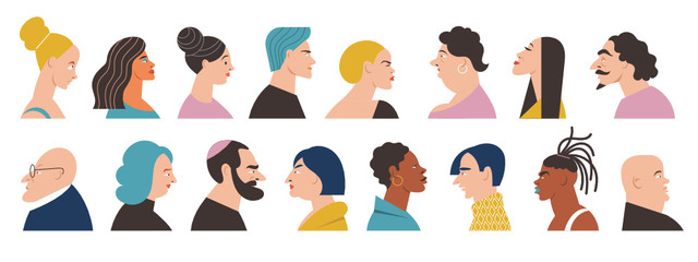 People portraits big set.  illustration of men and women, male and female faces. Avatars.   Faces in profile. Vector flat style cartoon illustration