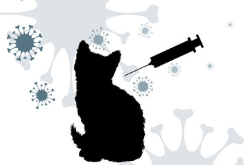 Fototapeta na wymiar Vector silhouette of cat with vaccination symbol injection on white background. Sign animal testing character.