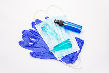 Mask, gloves, sanitizer isolated on white background