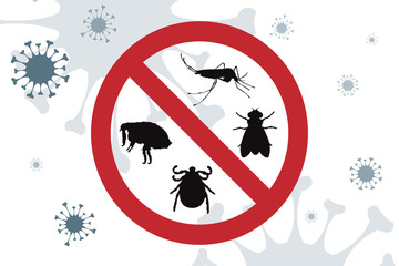 Vector silhouette no mosquito, thick, flea and fly mark on background with spreading bacteria. Symbol of stop malaria and other disease.