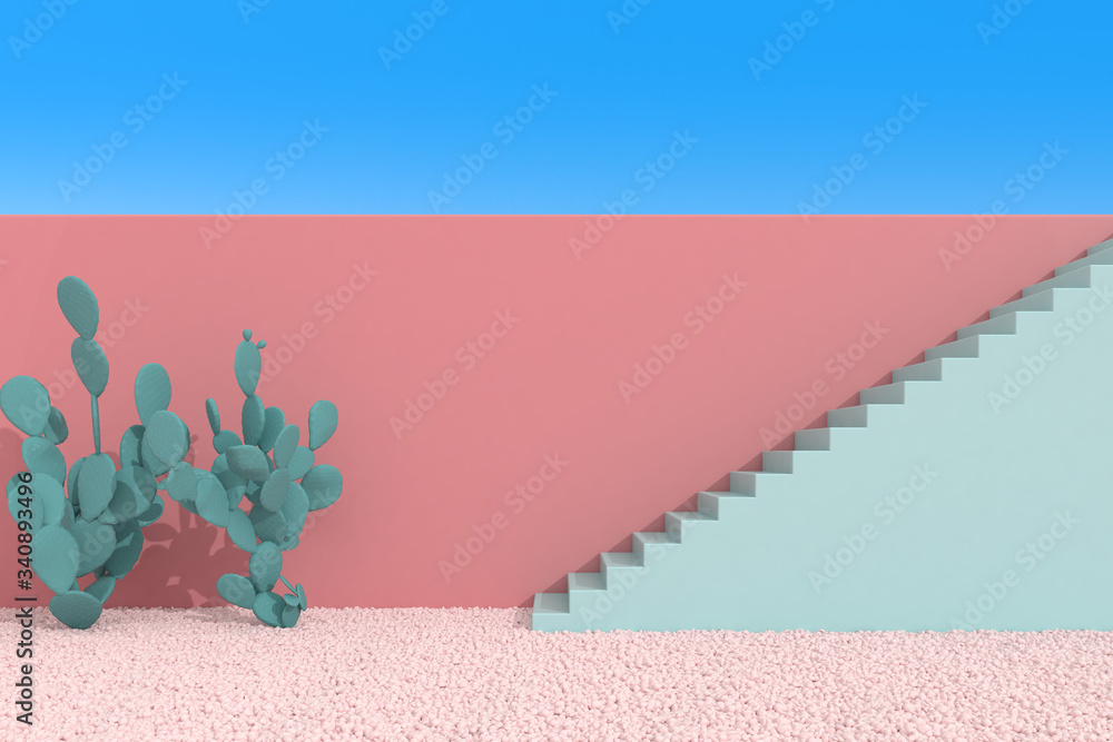 Poster minimal style of cactus and staircase on blue sky background. wall with shade and shadow on gravel. 