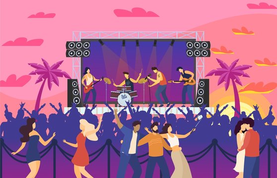 Music festival people dancing at concert entertainment and having fun performance, rock fest, crowd celebrating outdoor summer vector illustration. Tropical music disco dance festive event.