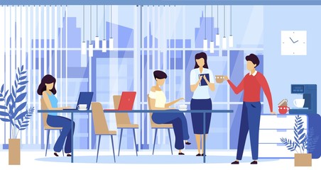 Office workers with coffee break, business people at desks with computers and cups of coffee, coffee-machine flat vector illustration. Office managers communication and lunch at work.