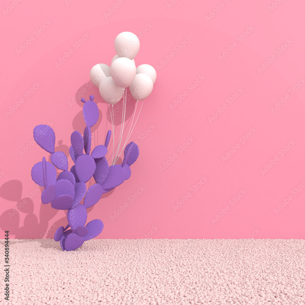 Poster Minimal style of cactus and balloons on pink background. wall with shade and shadow on gravel. 3D rendering.