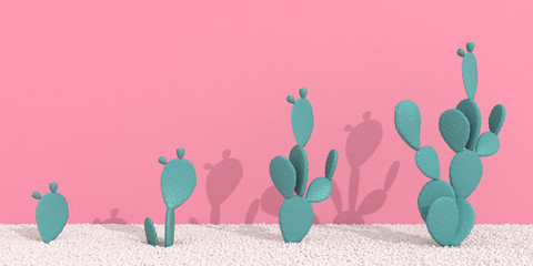 Minimal style of cactus with shade and shadow on pink wall background. Sequence of growing plant on white gravel. 3D rendering. © nuchao