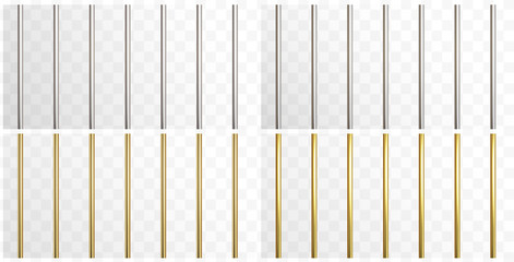 Prison metal bars set isolated on transparent background. Iron, steel and golden empty jail cage. Vector security pipe or stick border patterns.