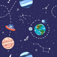 Galaxy seamless pattern design. Bright childish 