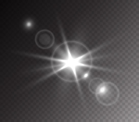 Camera flash light effect isolated on transparent background. White flashlignt, flare, projector rays or spotlight. Vector glow car headlight template