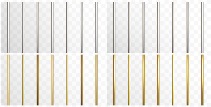 Prison metal bars set isolated on transparent background. Iron, steel and golden empty jail cage. Vector security pipe or stick border patterns.
