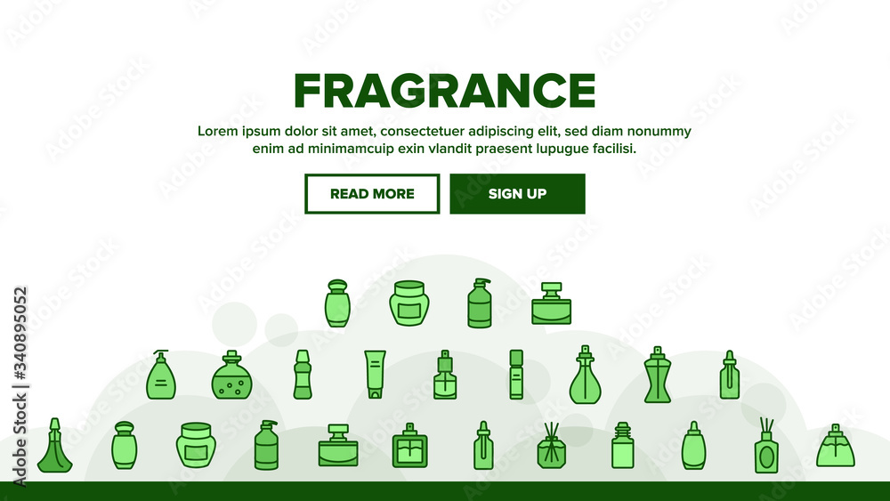 Poster fragrance bottles landing web page header banner template vector. fragrance perfume decorative form 