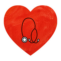 Black medical equipment stethoscope in red watercolor heart on white background. Corona virus illustration can be used in greeting cards, posters, flyers, banners, promotions, invitations etc.