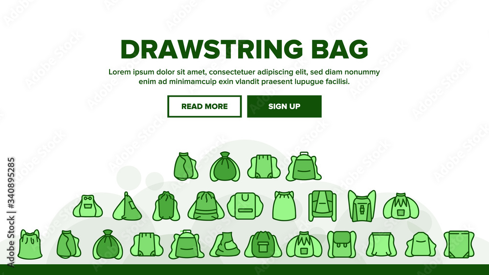 Aufkleber drawstring bag travel accessory landing web page header banner template vector. textile drawstring b