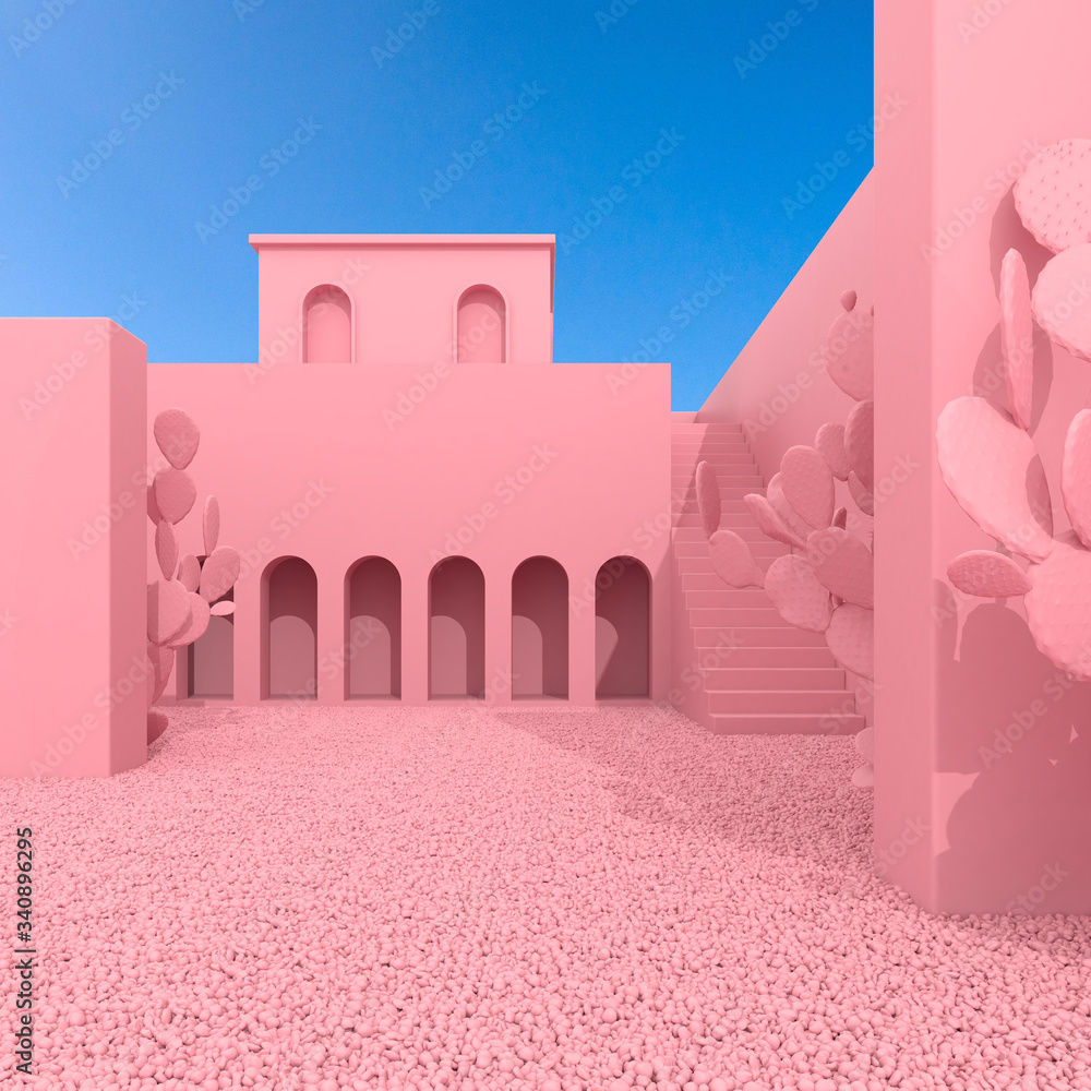 Poster Minimal style of pink architectural building with staircase and cactus on blue sky background. Arch details with shade and shadow on gravel. 3D rendering.