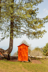 Small orange wooden cottage in the forest