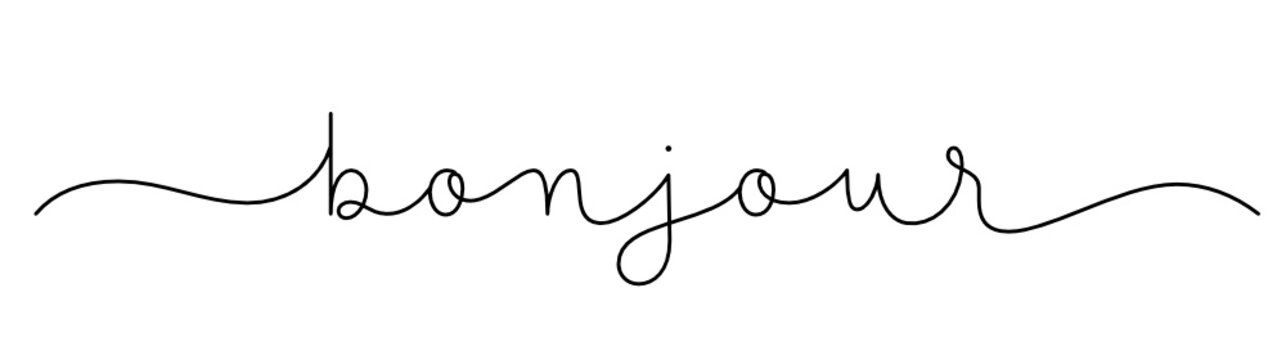 BONJOUR black vector monoline calligraphy banner with swashes