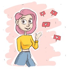 Cute character girl with pink hair smiles and waves on a pink background with hearts and likes. Business greeting. Direction.
