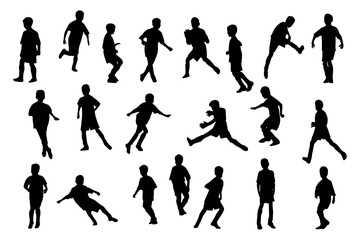 Boys football dynamics pose silhouettes. Sport clip art set on white background