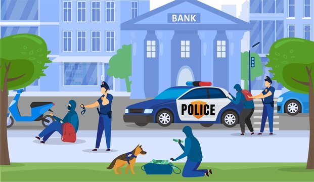 Police men security and bank crime stickup, policeman caught criminals near bank building cartoon vector illustration. Police officer arrested bank thief, money bag robbery, officers with car.