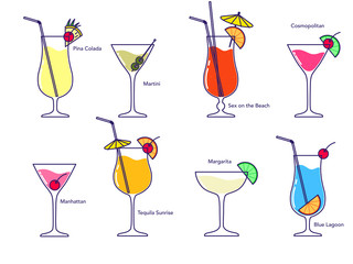 Alcoholic cocktail collection - blue lagoon, manhattan, martini, tequila sunrise, pina colada, margarita, sex on the beach, cosmopolitan isolated on white background. Vector illustration - obrazy, fototapety, plakaty