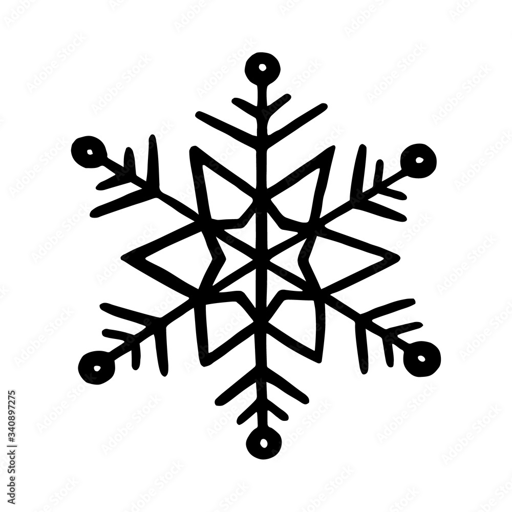 Poster snowflake in doodle style for winter design. hand drawn snowflake isolated on whit background. snowf