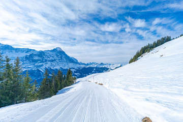 Fototapeta na wymiar Winter landscape on the First mountain in Swiss Alps in Grindelwald, Switzerland