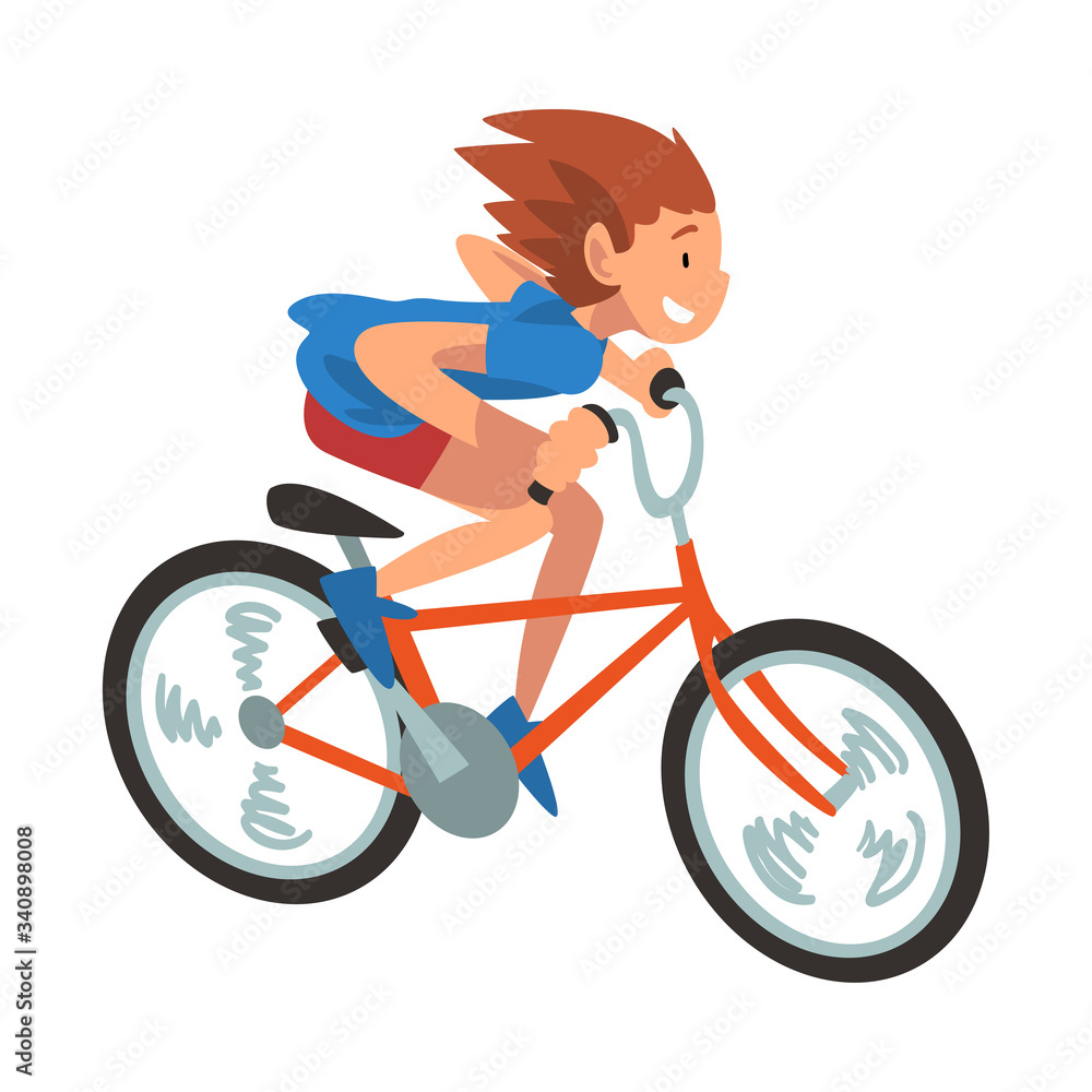 Sticker Girl Riding Bike Fast, Teenager Bicyclist, Summer Outdoor Activity Cartoon Vector Illustration