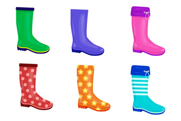Set of colored rubber boots. Monotonous, flowered, polka-dot boots. Realistic vector illustration isolated on white background.