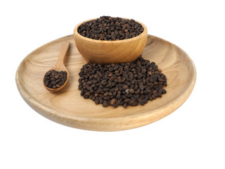 The Seed Morning Glory seeds placed in a wooden tray, wooden spoon, wooden cup on a white background