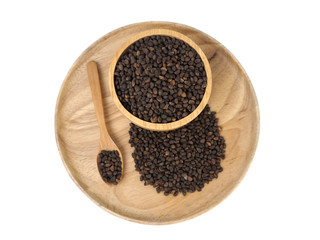 The Seed Morning Glory seeds placed in a wooden tray, wooden spoon, wooden cup on a white background