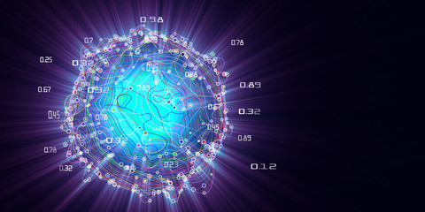 Abstract concept  analysis  data in curve paths. Noise sphere with color curves and shine effects. Banner for business and science design. Big data.