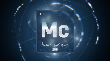 3D illustration of Moscovium as Element 115 of the Periodic Table. Blue illuminated atom design background with orbiting electrons name atomic weight element number in Arabic language
