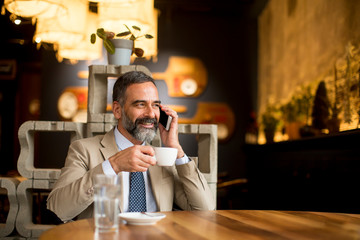 Handsome mature businessman drinking coffee in cafe and using mobile phone