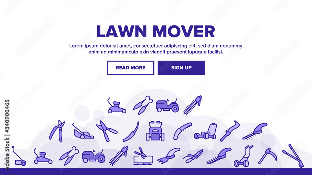 Aufkleber lawn mover landing web page header banner template vector. garden scissors and electronic device for