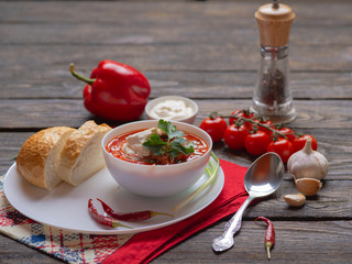first course homemade hot Russian borscht with meat sour cream
