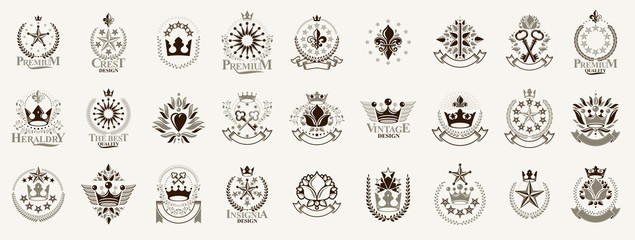 Heraldic Coat of Arms with crowns and stars vector big set, vintage antique heraldic badges and awards collection, symbols in classic style design elements, family or business logos. - obrazy, fototapety, plakaty