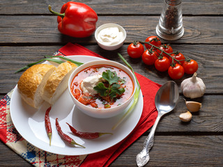 first course homemade hot Russian borscht with meat sour cream