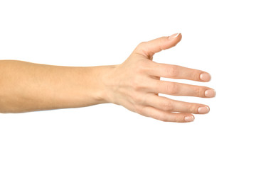 Giving hand for handshake. Woman hand gesturing isolated on white