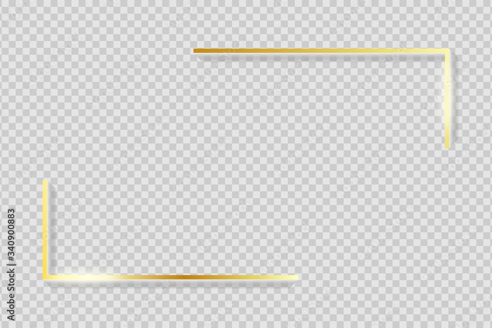 Poster Golden frame elements. Gold angles border on transparent background with shadow. Rectangle corners with glow shine and light effect. Vector illustration.