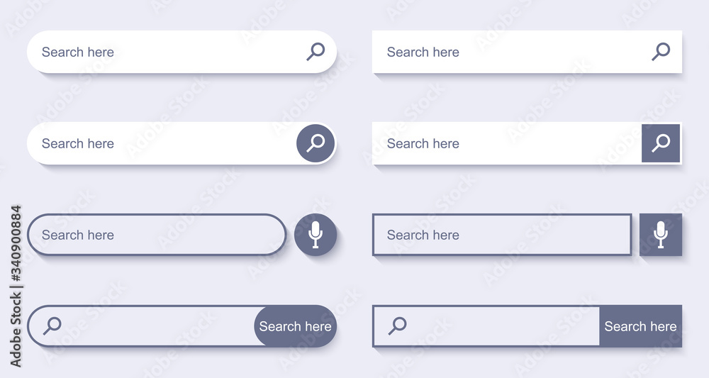 Aufkleber Search Bar for UI design. Set of elements for design interface of website. Search form with shadow. Navigation bar web icons. Vector illustration.
