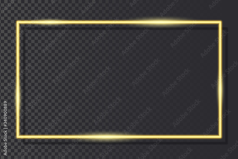 Poster Golden neon frame on transparent background with shadow. Neon light gold rectangle border with glow shine and light effect. Vector illustration.