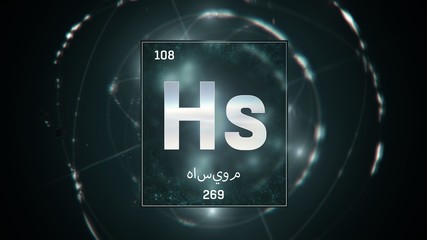 3D illustration of Hassium as Element 108 of the Periodic Table. Green illuminated atom design background with orbiting electrons name atomic weight element number in Arabic language